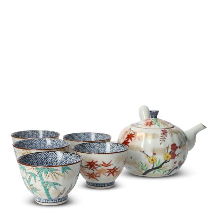 Service à thé japonais en porcelaine avec 5 tasses et Kyusu Irodorikachō