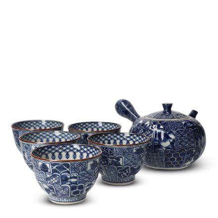 Service à thé japonais 5 tasses en porcelaine Kikuborishonzui